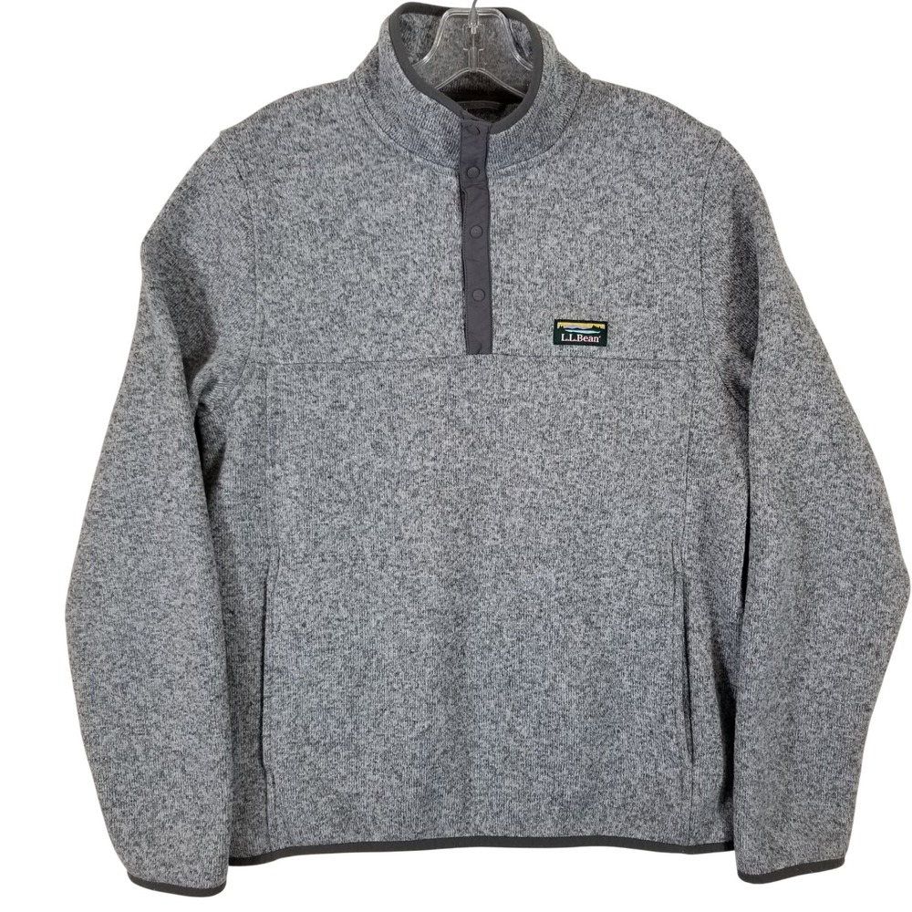 LL Bean Sweater Fleece Pullover Men Medium Gray Snap Neck 298050 Slightly Fitted